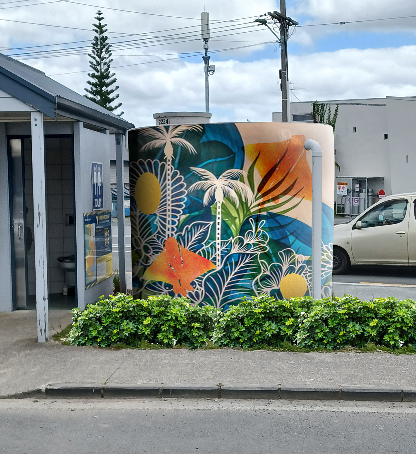 Water tank with images of palm trees, a stingray, and shells.